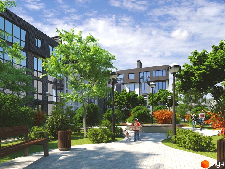 Зовнішній вигляд житлового комплексу Озерки з великими вікнами та прибудинковою територією, озелененою деревами та квітами.