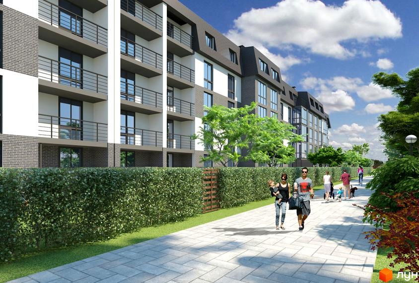 Зовнішній вигляд житлового комплексу Озерки з балконами та сучасною архітектурою. Прибудинкова територія з зеленими насадженнями та пішохідними доріжками.