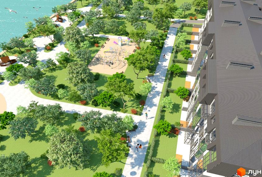 Зовнішній вигляд житлового комплексу ЖК Озерки з прибудинковою територією, зеленими насадженнями та дитячим майданчиком.