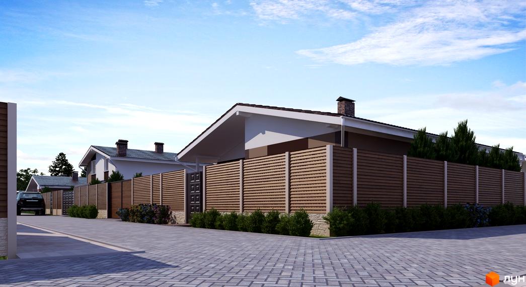 Котеджне містечко Данилівський: сучасні будинки з дерев'яними парканами та доглянутими зеленими насадженнями. Прибудинкова територія з бруківкою та автомобілем.