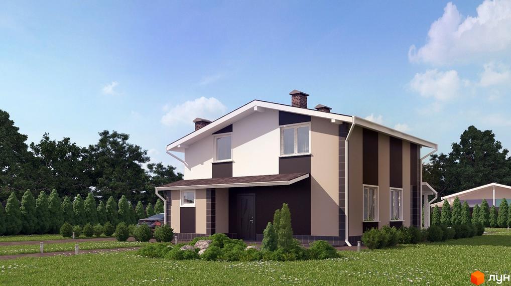 Зовнішній вигляд двоповерхового будинку котеджного містечка Данилівський з коричневими та бежевими смугами на фасаді. Прибудинкова територія з газоном, деревами та дорогою.