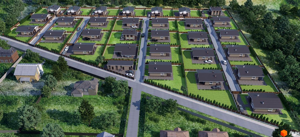 Котеджне містечко КМ Данилівський: акуратні будинки з темними дахами та доглянутими газонами, розташовані вздовж доріг.