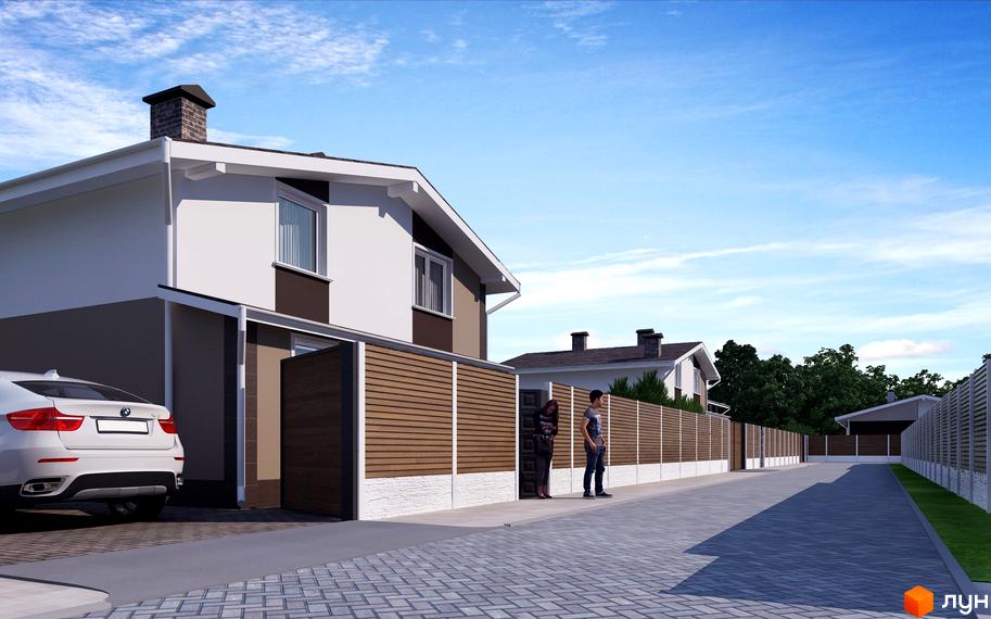 Котеджне містечко Данилівський: двоповерхові будинки з коричневими та білими фасадами, огороджені дерев'яними парканами, на тлі блакитного неба. Прибудинкова територія з бруківкою та зеленими насадженнями.