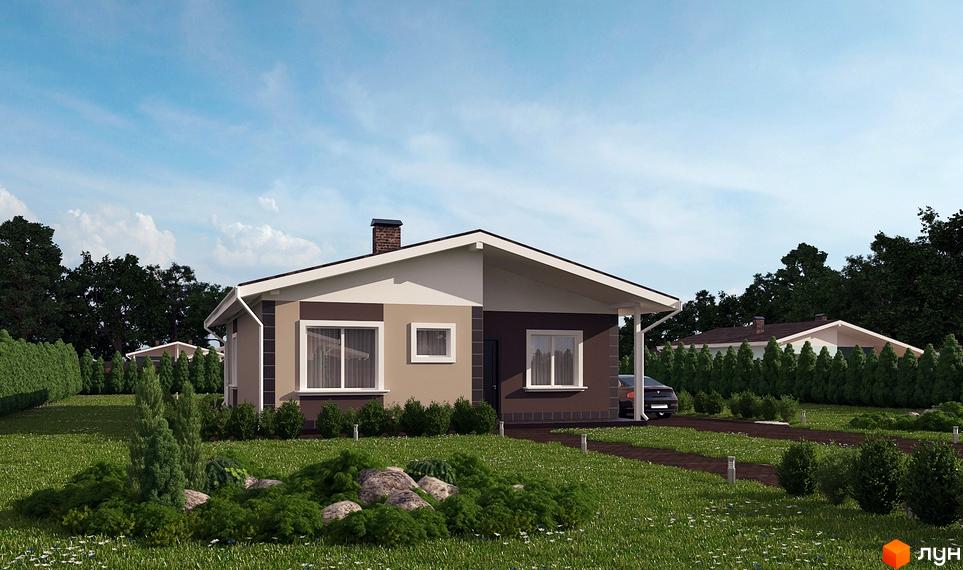 Котеджне містечко Данилівський: одноповерховий будинок з коричнево-бежевим фасадом та зеленою прибудинковою територією. Навколо будинку доглянутий газон, дерева та кущі.