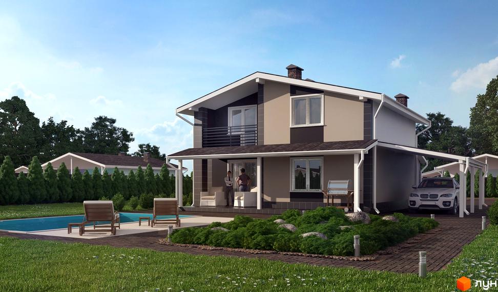 Котеджне містечко Данилівський: двоповерховий будинок з терасою, басейном та зоною відпочинку. Прибудинкова територія з доглянутим газоном та паркуванням.