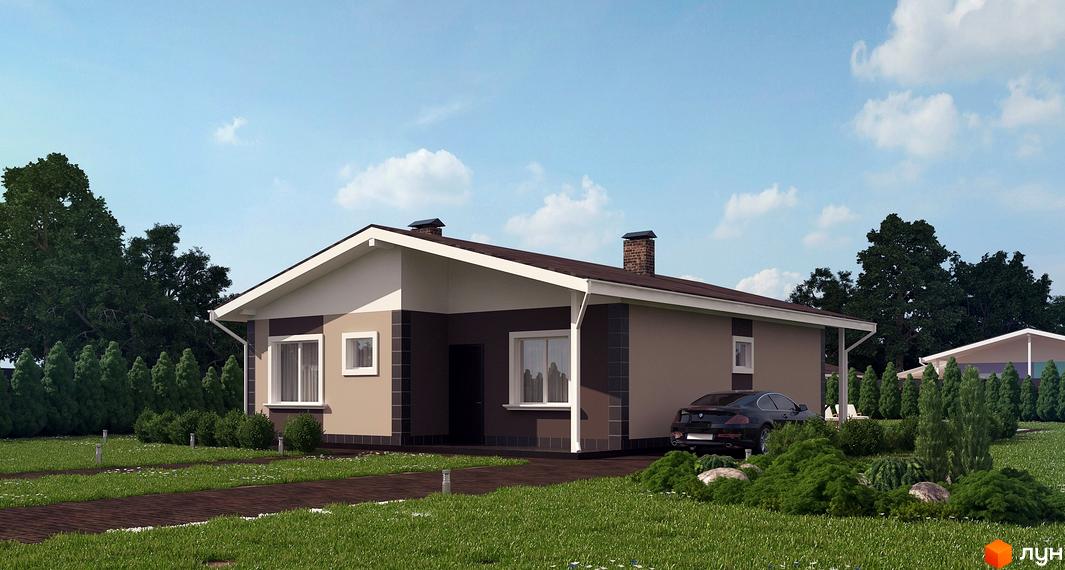 Котеджне містечко Данилівський: одноповерховий будинок з коричнево-бежевим фасадом та двома димарями. Прибудинкова територія з доглянутим газоном, доріжкою та зеленими насадженнями.