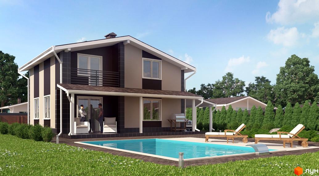 Котеджне містечко Данилівський: двоповерховий будинок з басейном та шезлонгами на прибудинковій території. Зовнішній вигляд будинку з балконом та терасою.