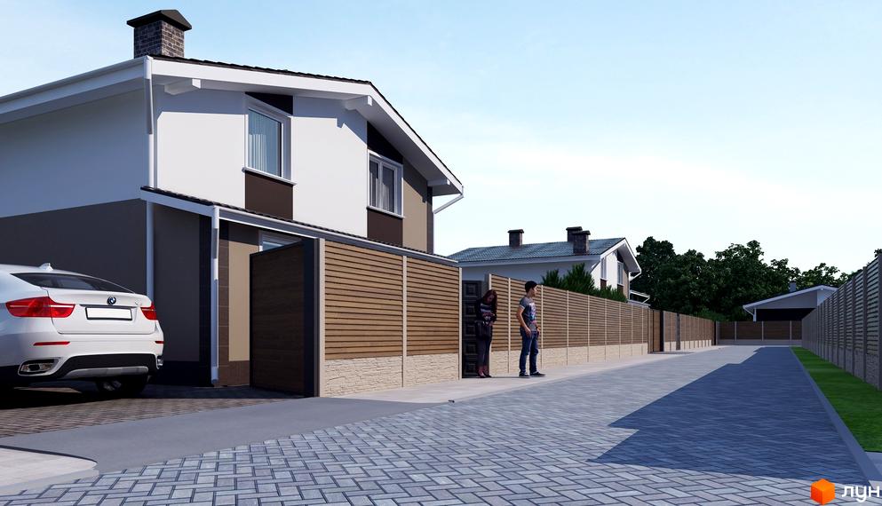 Котеджне містечко КМ Данилівський: двоповерховий будинок з коричневим та білим фасадом, цегляним димарем, огородженою територією з дерев'яним парканом та бруківкою.