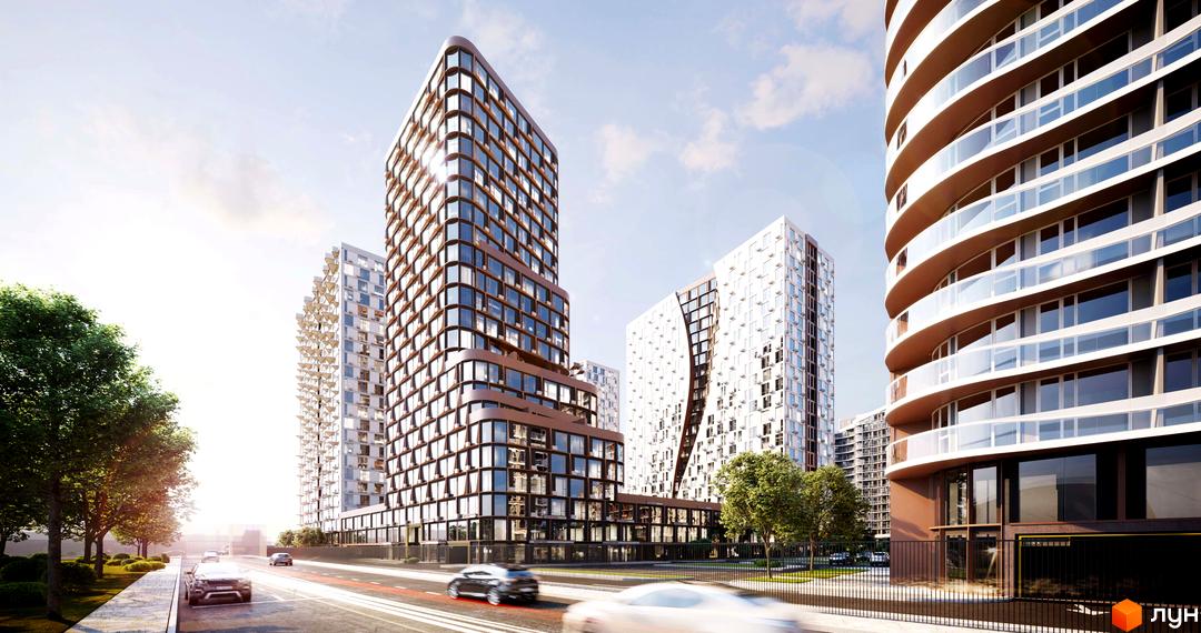 Житловий комплекс Creator City з високими будівлями та скляними фасадами. Навколо комплексу зелені насадження та дорога з автомобілями.