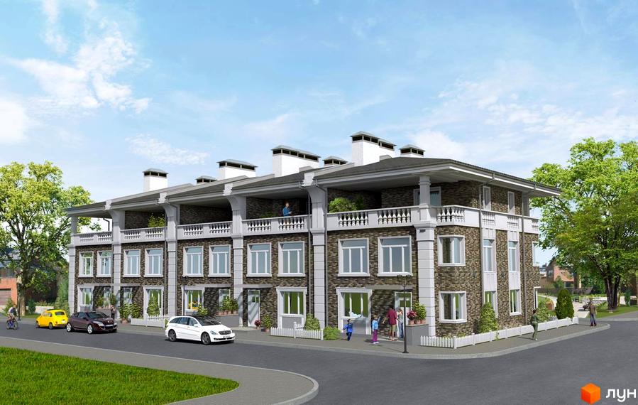 Таунхауси Family city - цегляні триповерхові будинки з балконами та великими вікнами, перед якими розташована дорога з автомобілями та зелена зона.