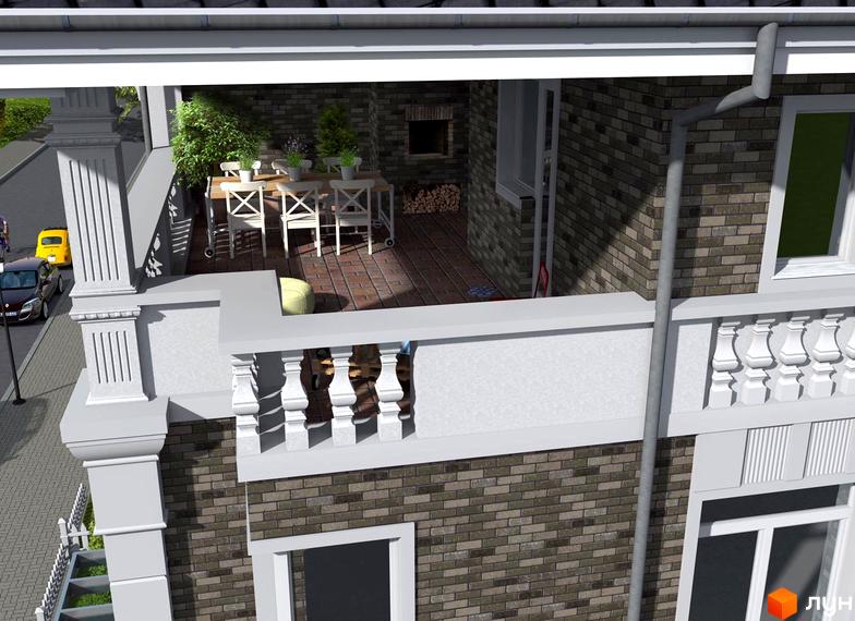 Таунхауси Family city: двоповерховий будинок з цегляним фасадом та балконом, на якому розташовані столики та стільці. Навколо будинку брукована вулиця з автомобілями та деревами.