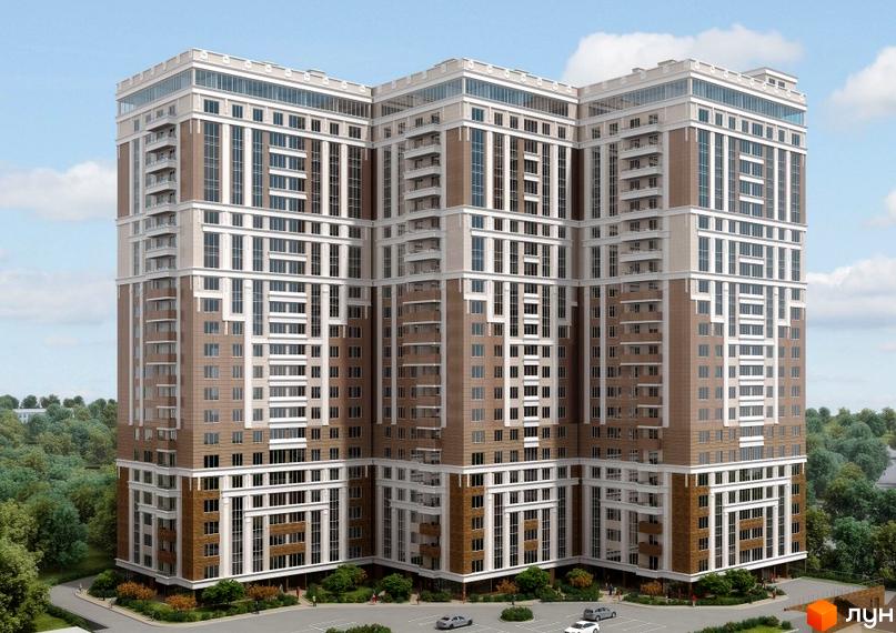 Житловий комплекс Гольфстрім з сучасним фасадом та прибудинковою територією, озелененою деревами і газонами.