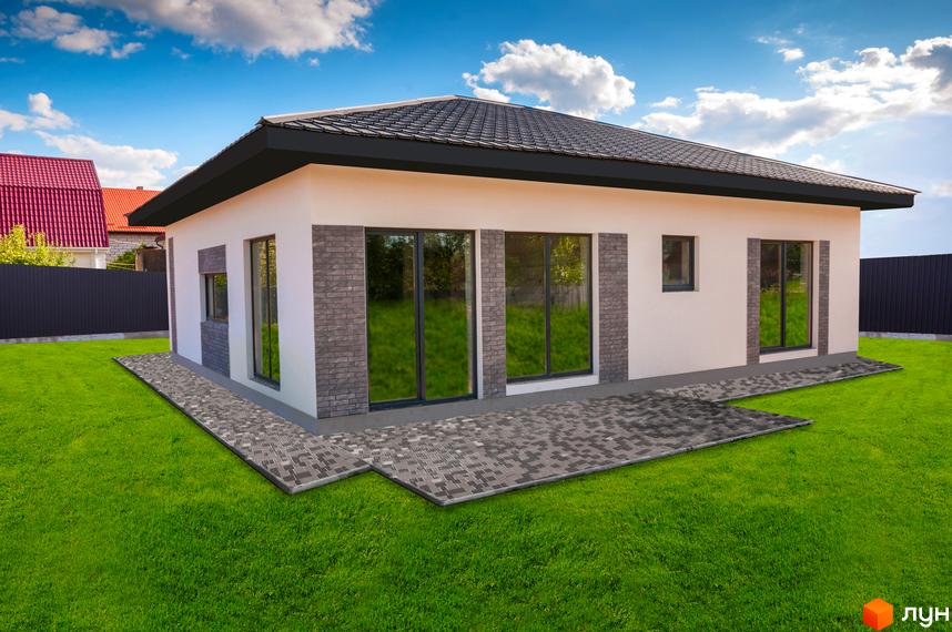 Одноповерховий будинок з великими вікнами та терасою з бруківки. Поряд зелена трава та блакитне небо з хмарами.