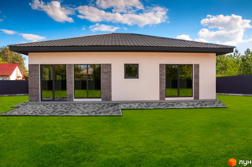 Одноповерховий будинок з великими вікнами та темною покрівлею. Перед будинком газон та викладена бруківкою доріжка, навкруги зелена трава.
