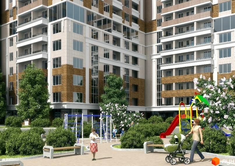 Житловий комплекс Гольфстрім з сучасними балконами та великими вікнами. Прибудинкова територія з дитячим майданчиком та зеленими насадженнями.