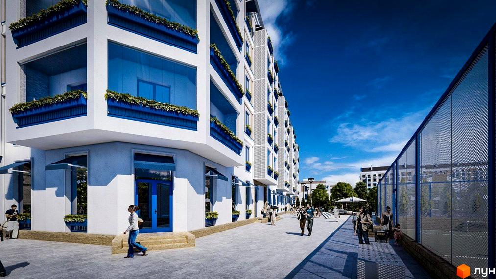 Зображення фасаду та прибудинкової території Житлового комплексу Club City. На фото видно будівлю та пішохідну зону.