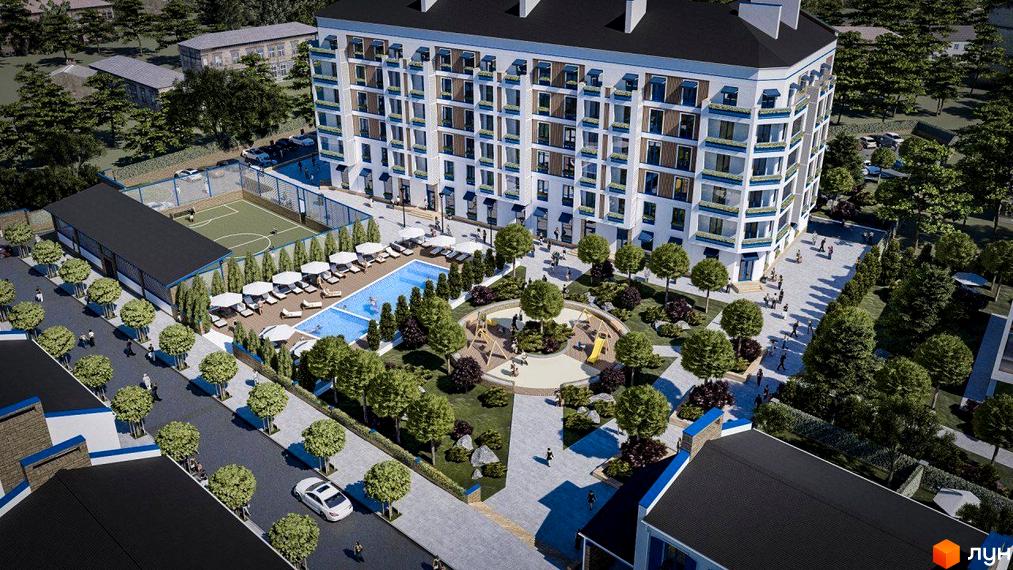 Зображення Житлового комплексу Club City з басейном, дитячим майданчиком та спортивним полем. Вигляд зверху на будівлю та прибудинкову територію.