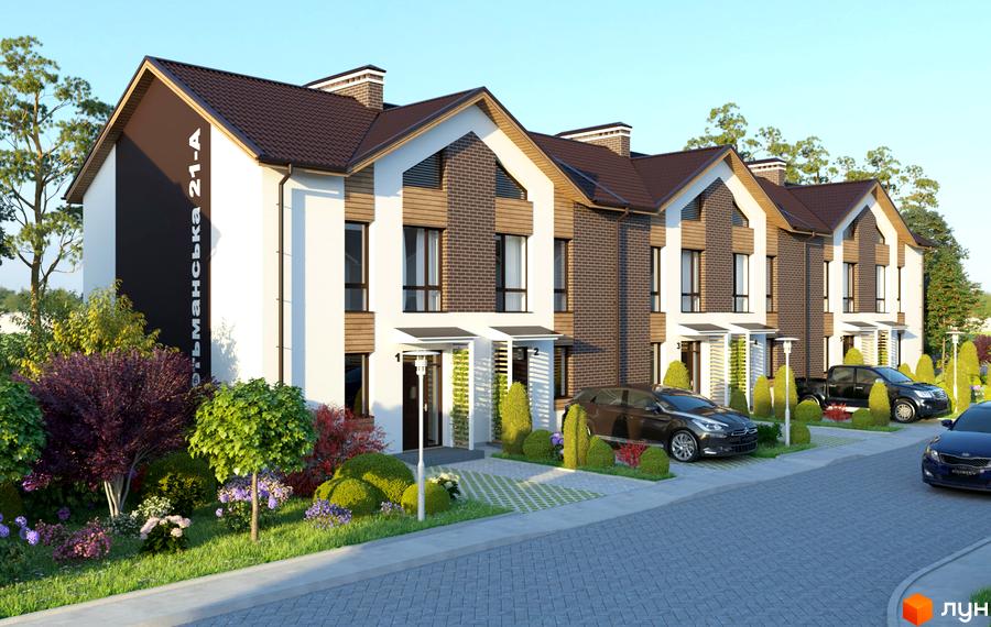 Котеджне містечко Eurovillage 2: фасади будинків з цегляними та білими елементами, прибудинкова територія з зеленими насадженнями та автомобілями.