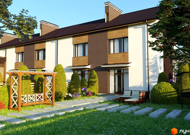 Котеджне містечко Eurovillage 2. Фасад будинку з цегли та штукатурки, вікна з дерев'яними рамами. Прибудинкова територія з альтанкою, лавкою та зеленими насадженнями.