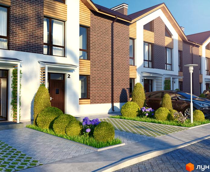 Котеджне містечко Eurovillage 2: фасади будинків з цегли та білої штукатурки, вікна, двері, доглянутий двір з кущами та квітами.