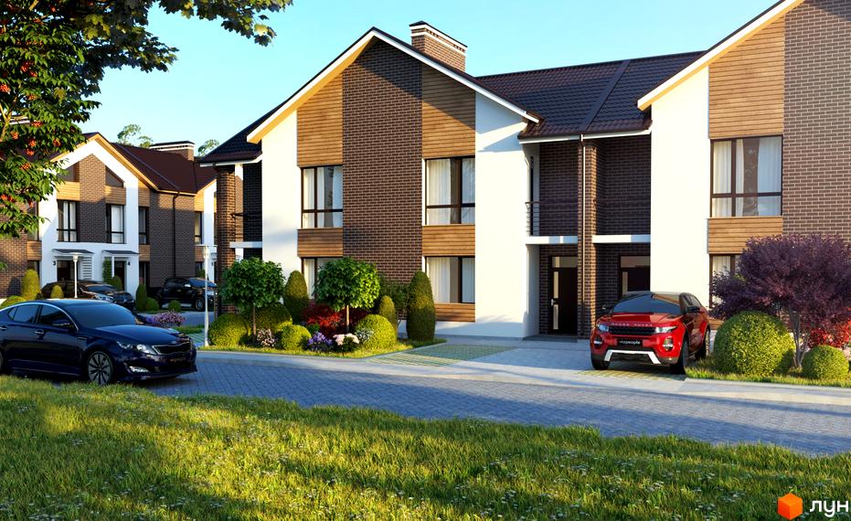 Котеджне містечко Eurovillage 2. Зовнішній вигляд будинків з цегляним та білим фасадом, прибудинкова територія з автомобілями та зеленими насадженнями.