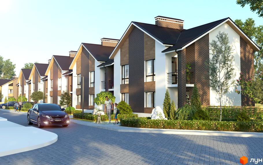 Котеджне містечко КМ Eurovillage 2. Фасади будинків оздоблені цеглою та білою штукатуркою, навколо зелені насадження та доглянута територія.