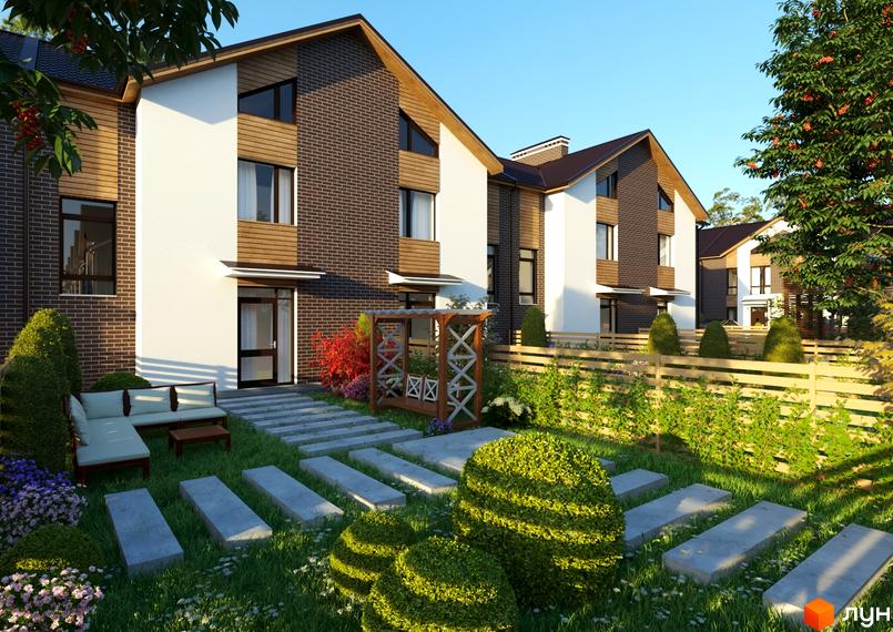 Котеджне містечко КМ Eurovillage 2: двоповерхові будинки з цегляним та білим фасадом, дерев'яними елементами, облаштований двір з лаунж зоною та зеленими насадженнями.