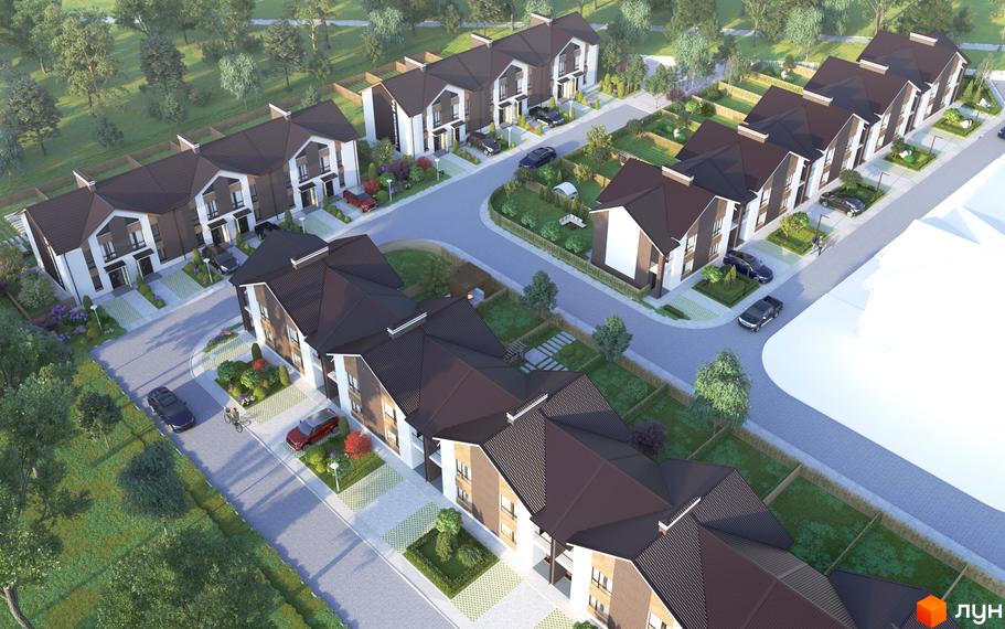 Котеджне містечко Eurovillage 2: двоповерхові будинки з темними дахами та світлими фасадами, розташовані на доглянутій території з зеленими насадженнями та доріжками.