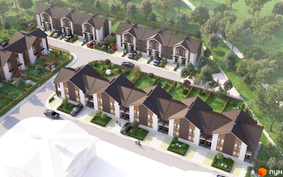 Котеджне містечко КМ Eurovillage 2. Сучасні будинки з коричневими дахами та білими фасадами, розташовані серед зеленої території з доглянутими газонами та деревами.