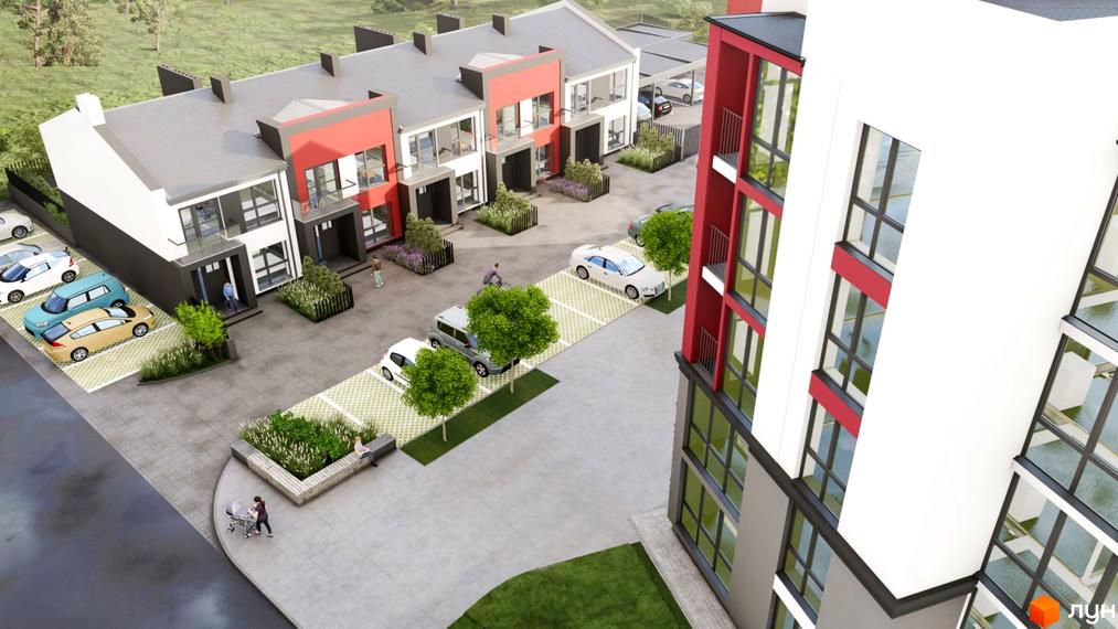 Таунхаус Cherry Town з червоними та білими фасадами, розташований на доглянутій прибудинковій території з парковкою та зеленими насадженнями.