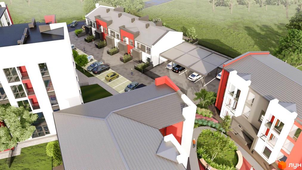 Таунхаус Cherry Town з білими та червоними фасадами, розташований біля парковки та зеленої зони з деревами та доріжками.