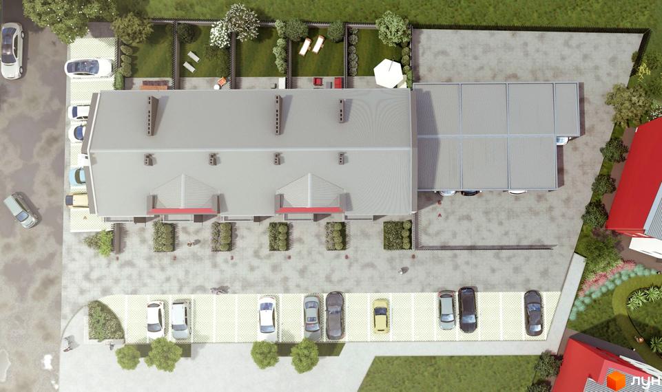 Таунхаус Cherry Town з сірим дахом та червоними елементами фасаду, розташований на доглянутій прибудинковій території з парковкою та зеленими зонами.