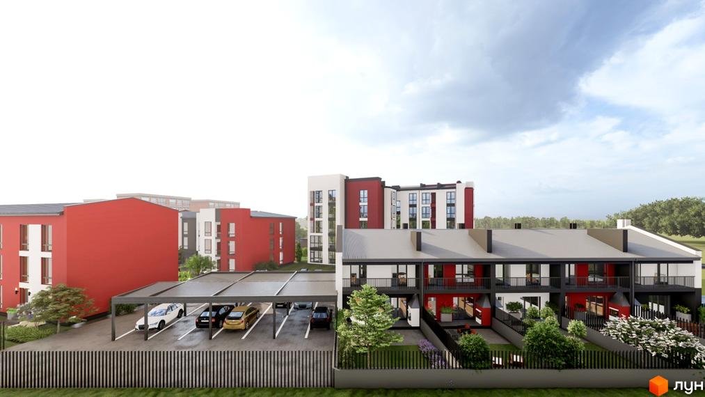 Таунхаус «Cherry Town» – це новобудова з червоними та білими фасадами, балконами та прибудинковою територією з парковкою та зеленими зонами.