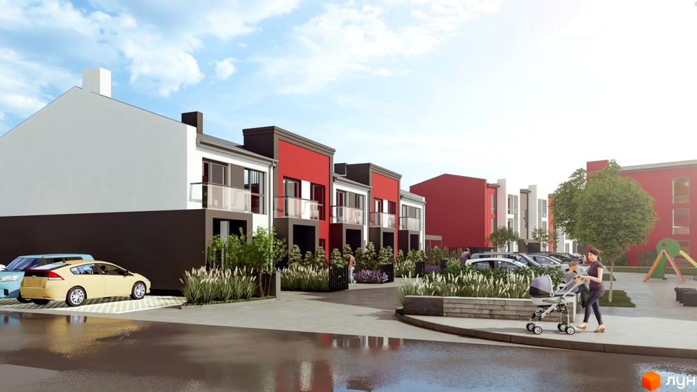 Таунхаус Cherry Town: фасади будинків з червоними та білими елементами, балконами та парковкою. Прибудинкова територія з деревами, дитячим майданчиком та людьми з дитячим візком.