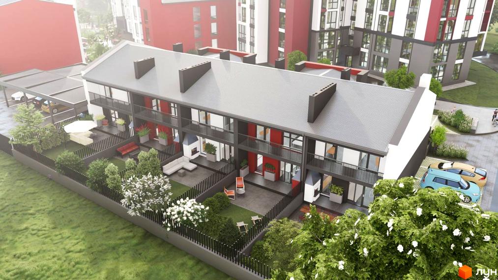 Таунхаус Cherry Town з сірим дахом та червоними елементами фасаду, з прибудинковою територією, парковкою та зеленими насадженнями.