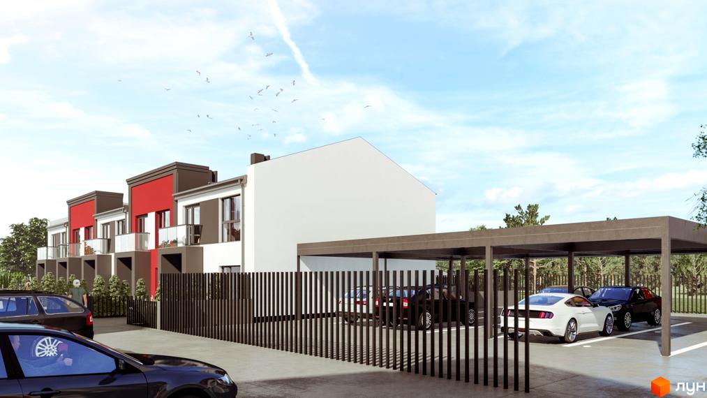 Таунхаус «Cherry Town» – це сучасна новобудова з фасадами червоного та сірого кольорів, з балконами та паркінгом. На прибудинковій території розташовані дерева та паркувальні місця.