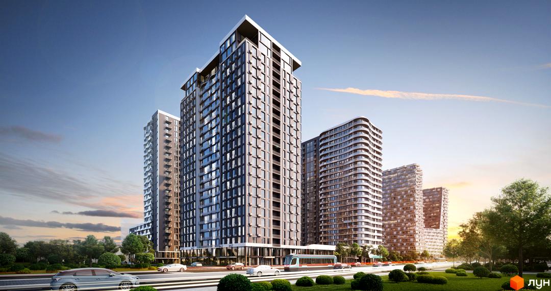 Житловий комплекс Creator City - сучасна архітектура з висотними будинками та вигнутими фасадами. Прибудинкова територія з зеленими насадженнями та дорогою з автомобілями.