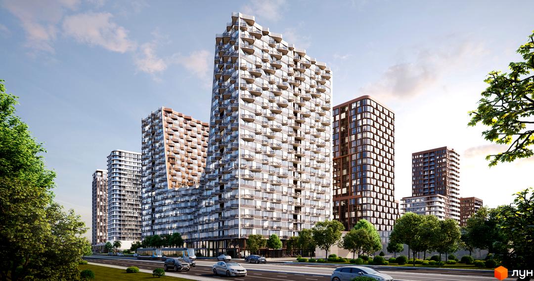 Житловий комплекс Creator City: високі будівлі зі скляними фасадами та балконами. Навколо зелені дерева та дорога з транспортом.