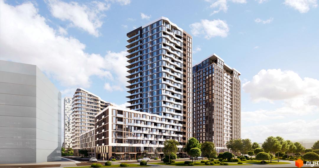 Житловий комплекс Creator City з високими вежами та хвилястими фасадами. Прибудинкова територія з деревами та доглянутими газонами.