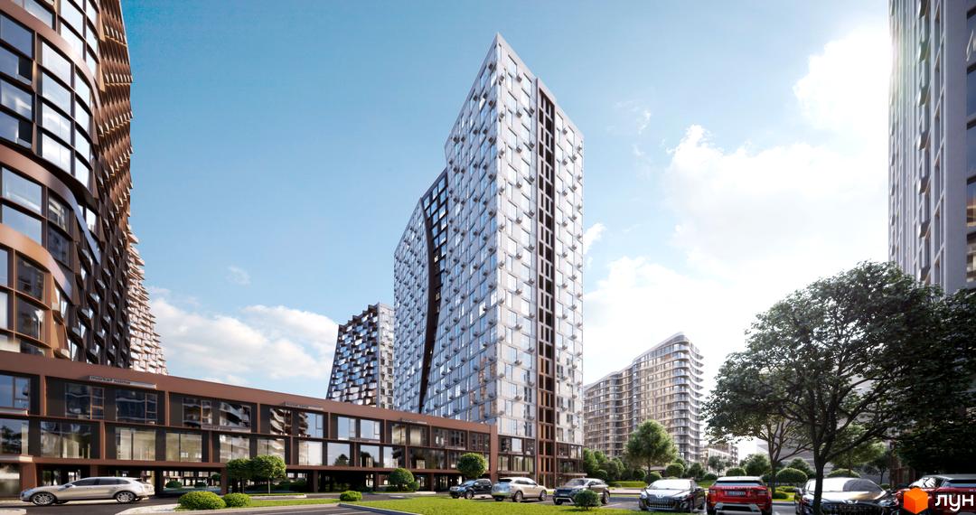 Новобудова ЖК Creator City з футуристичною архітектурою та скляними фасадами. На прибудинковій території розташовані зелені насадження та парковка.