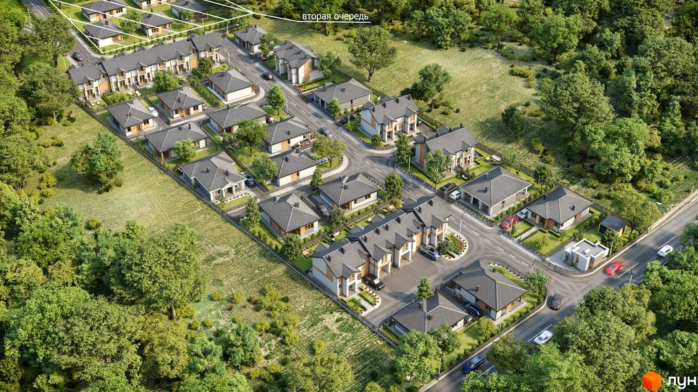 Котеджне містечко Щасливий Хуторок з сучасними будинками та доглянутою прибудинковою територією. Візуалізація комплексу з повітря.