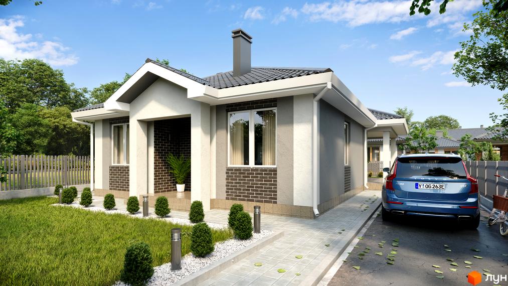 Котеджне містечко Щасливий Хуторок: одноповерховий будинок з сірими та білими фасадами, цегляним оздобленням та доглянутою прибудинковою територією з газоном та освітленням.