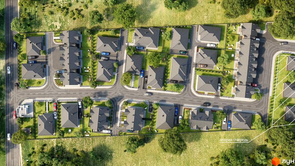 Котеджне містечко Щасливий Хуторок. Аерофотозйомка котеджів з сірими дахами та доглянутими зеленими ділянками, розташованих вздовж доріг.