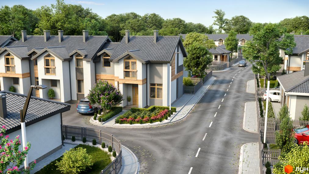 Котеджне містечко Щасливий Хуторок: сірі дахи, білі фасади будинків, зелені дерева та доглянуті клумби. Охайні вулиці з парканами та тротуарами.