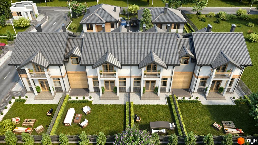 Котеджне містечко КМ Щасливий Хуторок. Зовнішній вигляд таунхаусів з сірими черепичними дахами та прибудинковою територією з зонами відпочинку.