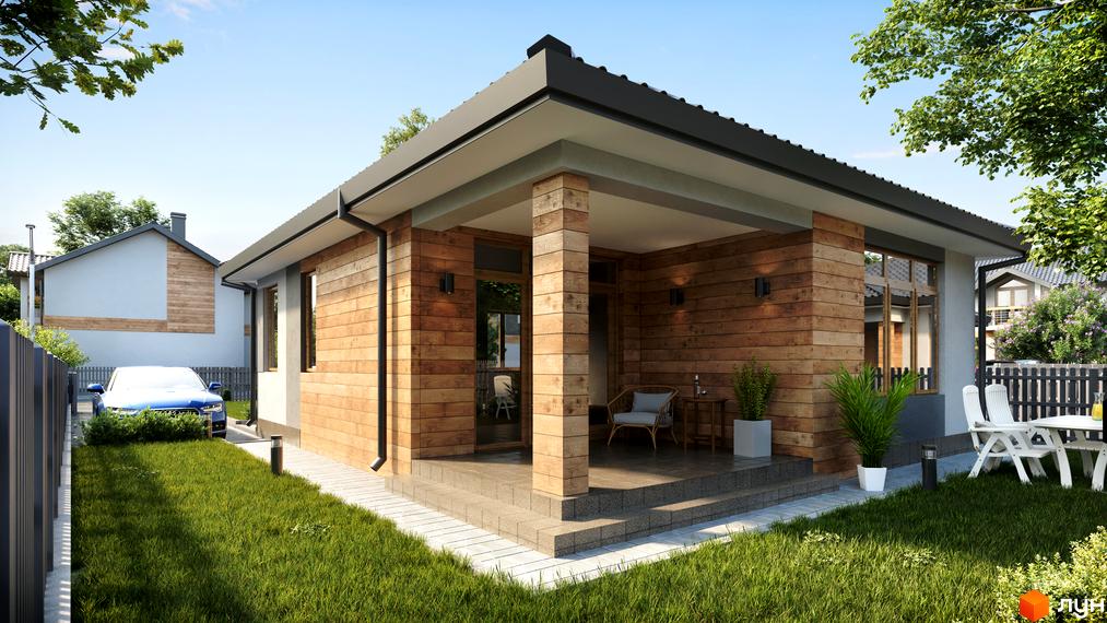 Котеджне містечко Щасливий Хуторок: одноповерховий будинок з дерев'яним фасадом та ганком, поруч зелена галявина з білими меблями.