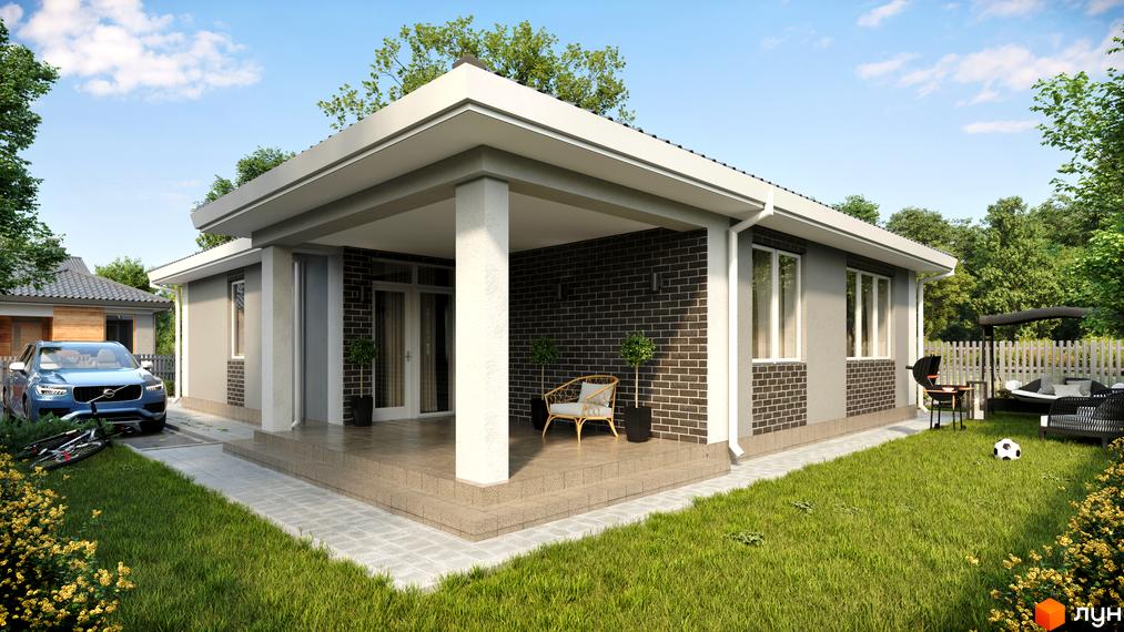 Котеджне містечко Щасливий Хуторок: одноповерховий будинок з цегляним фасадом та критою терасою, поруч зелений двір з зоною барбекю та дитячим майданчиком.