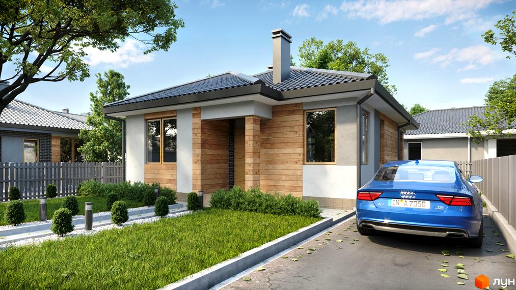 Котеджне містечко КМ Щасливий Хуторок: одноповерховий будинок з дерев'яним фасадом та сірим дахом, зелена галявина та доглянута прибудинкова територія з доріжками та освітленням.