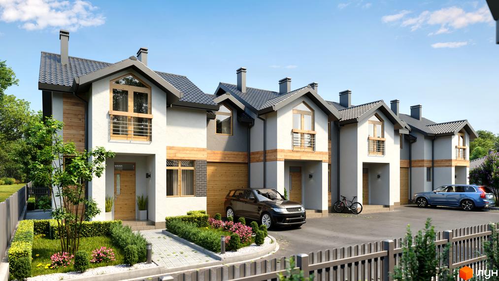 Котеджне містечко КМ Щасливий Хуторок: фасади будинків з дерев'яними елементами та сірою черепицею, доглянута прибудинкова територія з газоном та квітами.