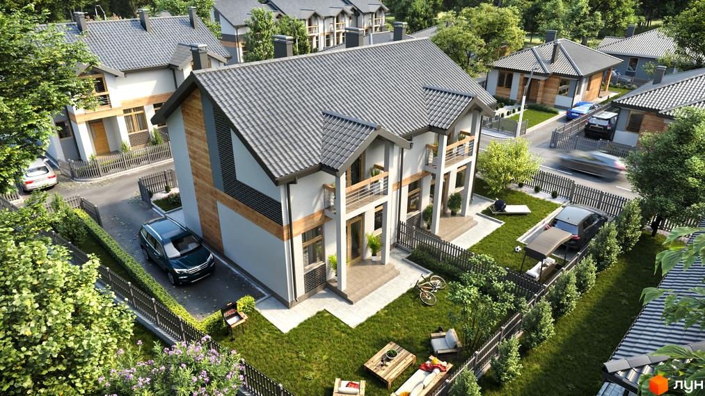 Котеджне містечко Щасливий Хуторок: двоповерхові будинки з сірими дахами, білими фасадами та дерев'яними елементами, зелені газони та паркани.